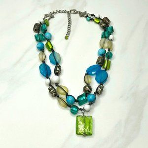 Chico's 2-Row Blue Green Beaded Glass Necklace